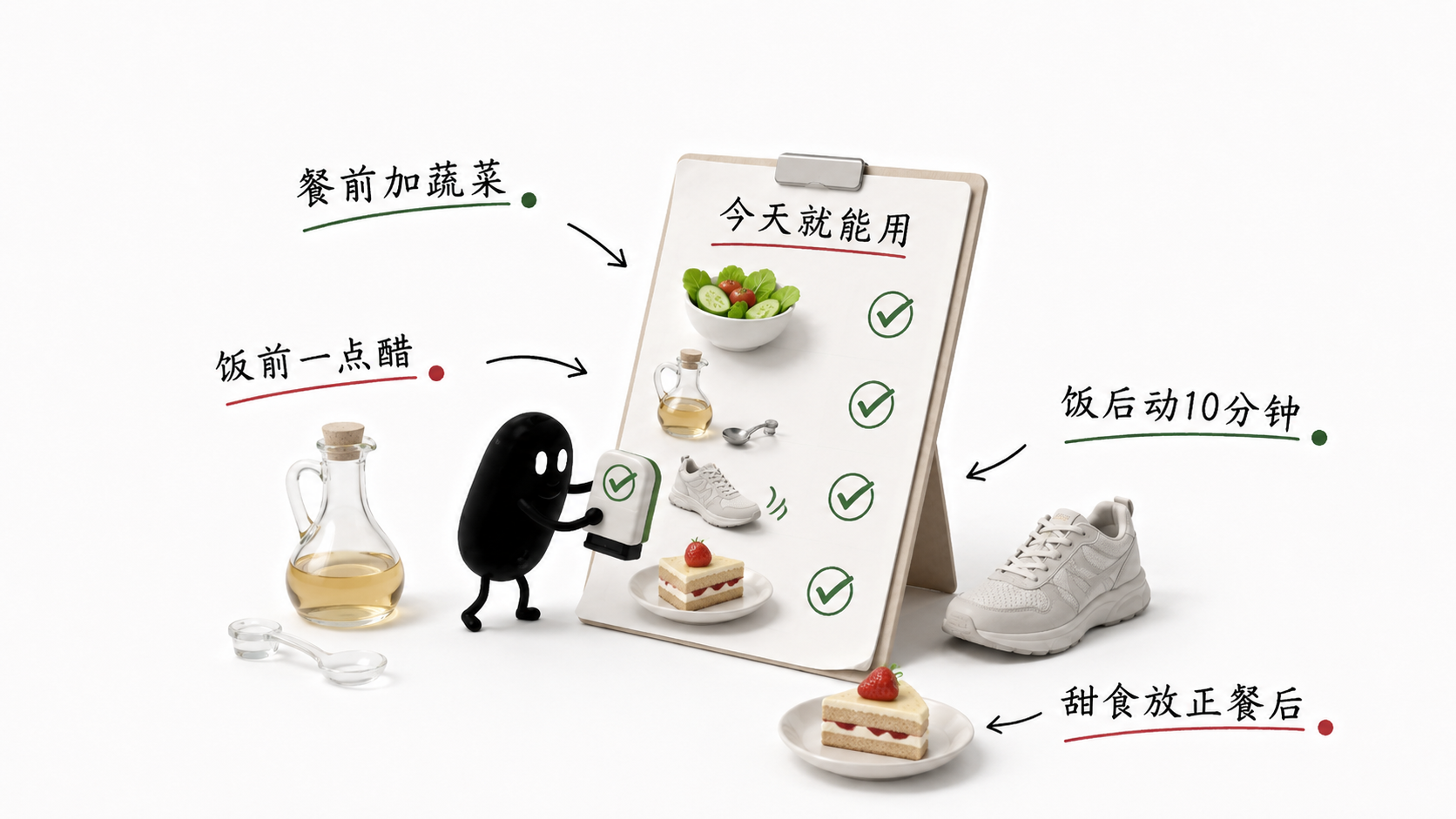 知识卡 3：平稳血糖技巧——餐前加蔬菜、饭后动一动、甜食放正餐后